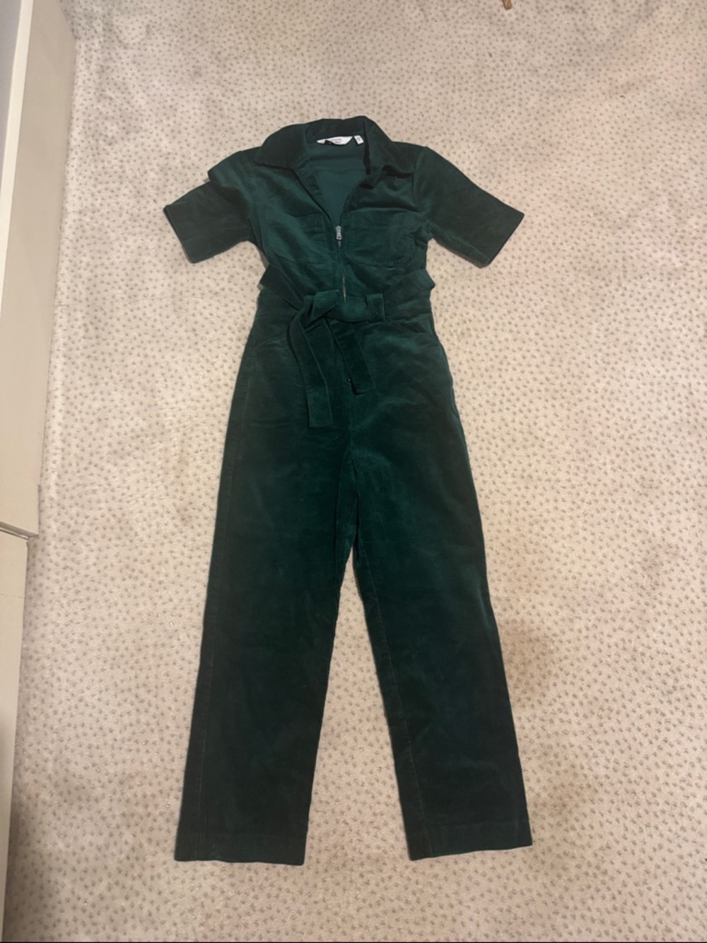 Short-Sleeve Dark Green Corduroy Utility Jumpsuit with Waist Tie
